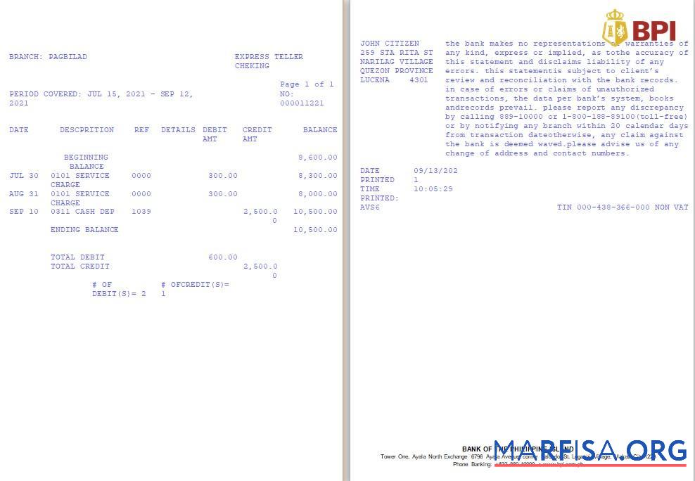 Downloadable Philippines Bank of the Philippine Islands (BPI) bank statement word version 2 real example